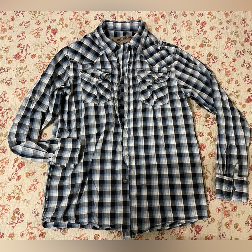 Red Snap womens button up shirt, blue, black, and white plaid